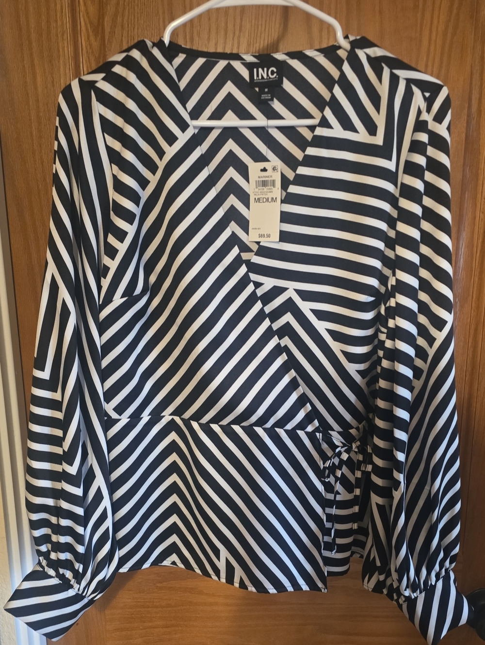 INC International Concepts Black & White Striped Wrap-Front Blouse